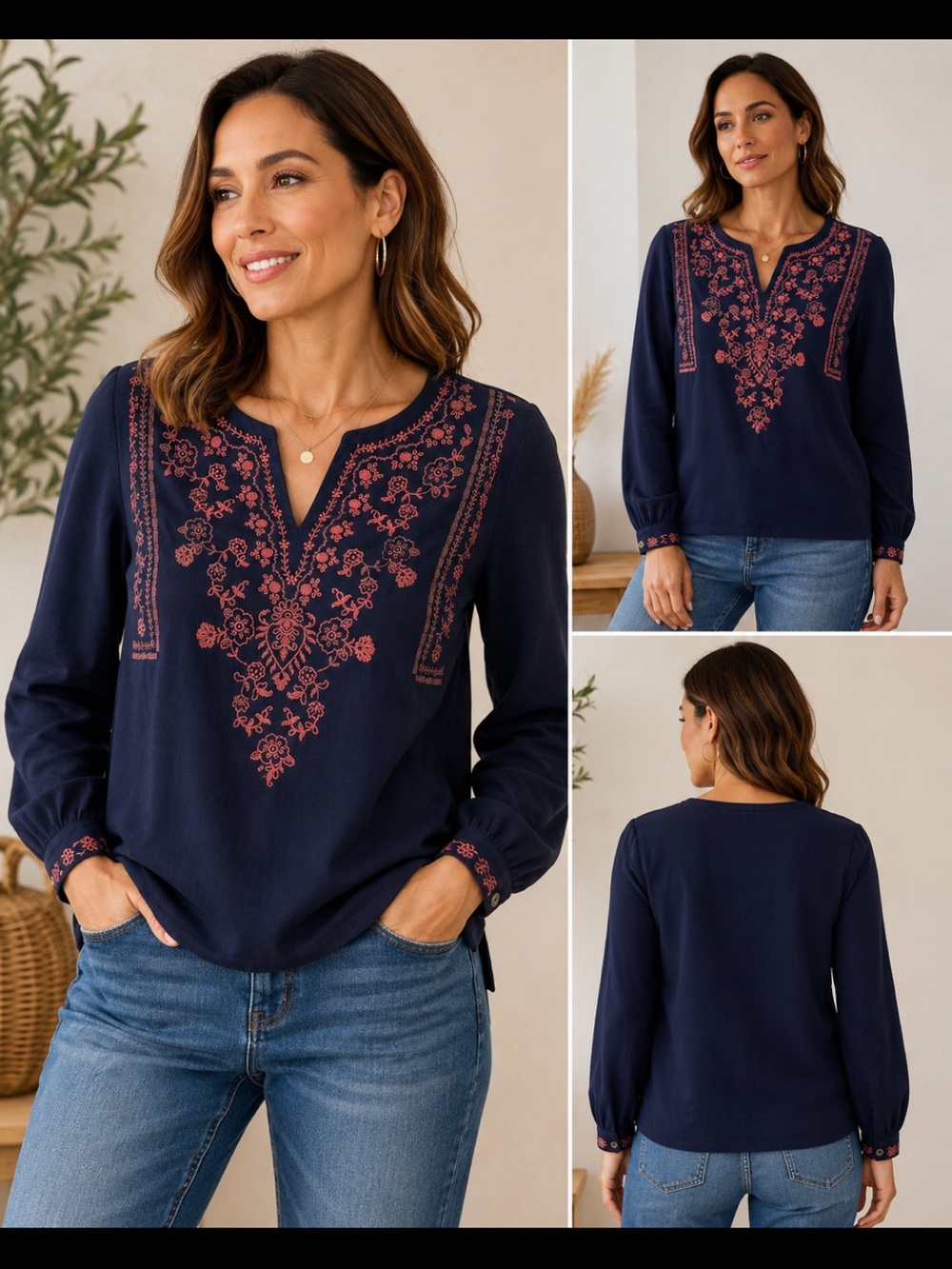 J. Jill Women’s Size Small Navy Blue 
Embroidered Floral Cotton Top – NWT